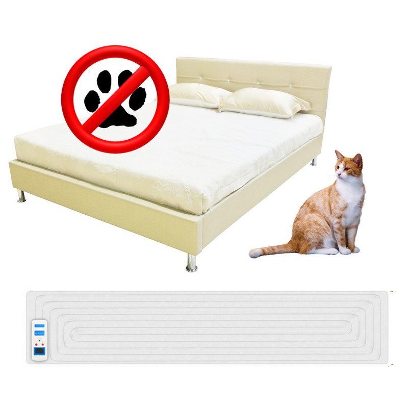 eDog Pet Training Mat with a cat stopping it going on the bed