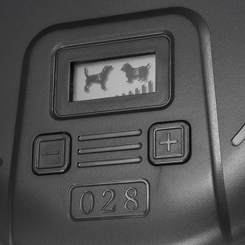 Closeup of screen indicating 2-collar system variation, and range set on transmitter device.