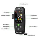 One black Barktec handheld remote trainer with colour LCD showing 16, round control buttons and charging port