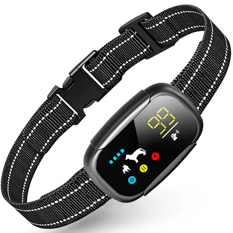 Black Smart Anti-barking device with bark counter, adjustable sensitivity, waterproof design, and humane training modes