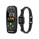 One black Barktec remote with colour display and buttons beside one adjustable black collar and receiver.