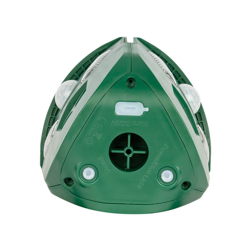 Green 360° ultrasonic animal deterrent, solar-powered for outdoor use