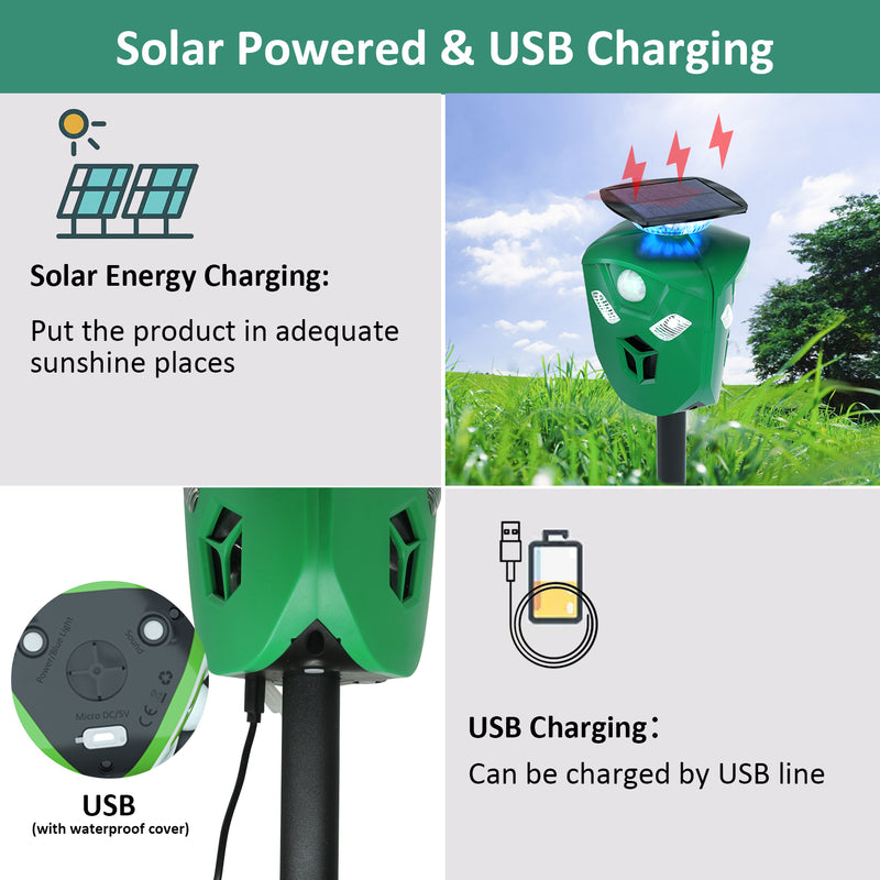 Solar Powered 360° Solar Smart Scarecrow Animal Repeller, offers reliable, continuous operation without constant maintenance. Rechargeable via solar panel or USB