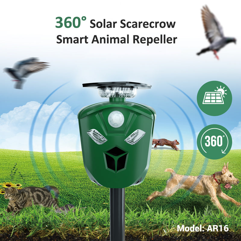 Green Solar Scarecrow Smart Animal repeller with comprehensive 360-degree protection against invading animals from all directions