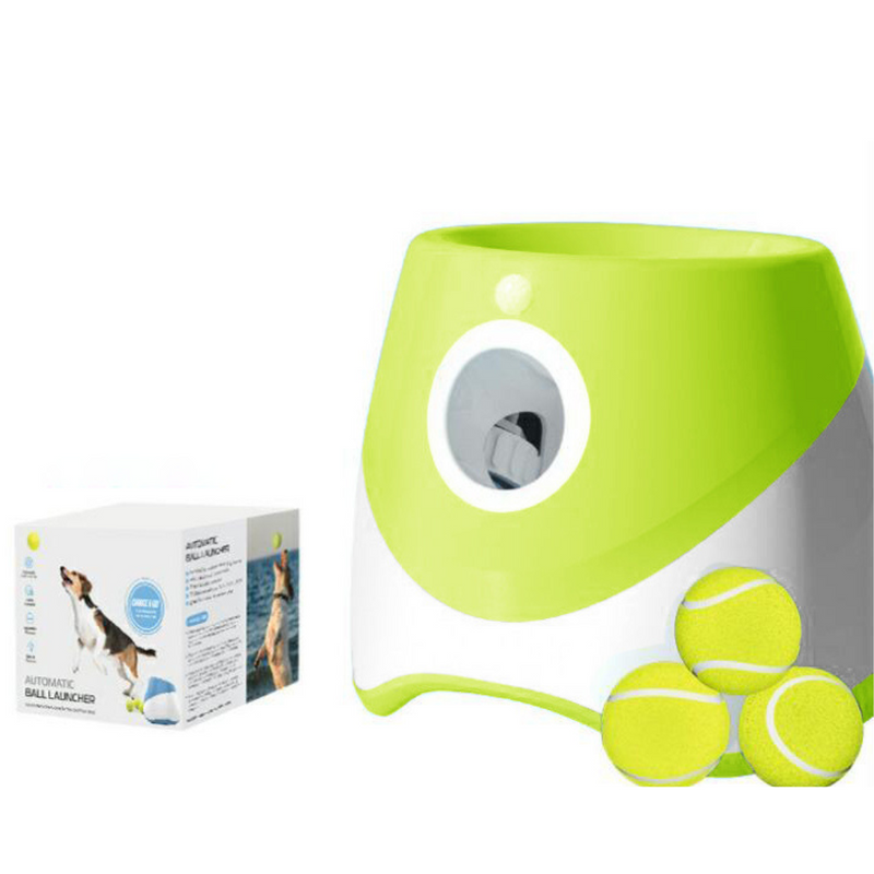 eDog Automatic Ball Launcher with three tennis balls and packaging