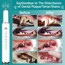 White electric dental plaque remover tool and six before-and-after close-ups of pet teeth showing cleaning results.