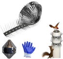 Stainless steel spike strips, blue gloves, and illustration of spikes deterring a bird and squirrel on a pole.