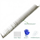 One long silver stainless steel bird spike strip, twenty screws, one blue glove, and three white zip ties on white background.