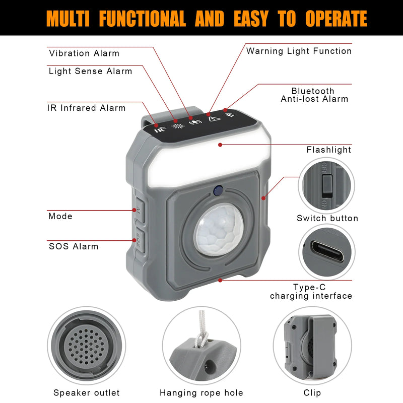 erson holding the 7-in-1 Multi-Functional Personal Alarm, demonstrating its compact and portable design.
