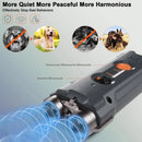 Black handheld ultrasonic dog training device with dual emitters and control buttons, emitting blue sound waves.