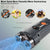 Black handheld ultrasonic dog training device with dual emitters and control buttons, emitting blue sound waves. - alternate view
