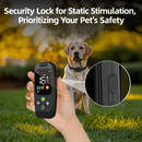 Black remote in hand beside a yellow Labrador wearing a black collar module; inset shows a lock icon.