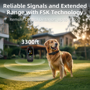 One golden retriever standing on a lawn wearing a black training collar, with a remote and '3300ft' overlay.