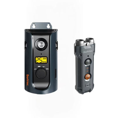 Two dark grey Barktec ultrasonic bark control devices, one with a display and one with dual emitters, on white background.