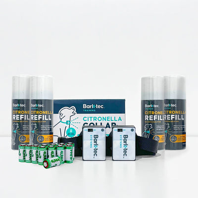 Collection of Barktec pet products including collars, refills, and collars on a white background