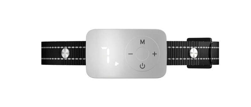 Close-up view of the Houndware HW01 Anti-Bark Collar, highlighting the digital display and control buttons for customizing bark control settings