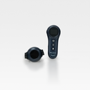 Two dark blue training units: a handheld remote with screen and 3 buttons, and a round collar with strap.