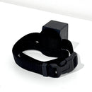 Black strap with a plastic clip on a white background