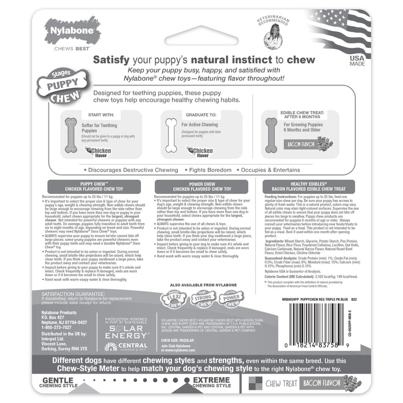 Back packaging of the Nylabone Puppy Triple Pack, detailing chew toy stages, benefits, ingredients, and size recommendations.