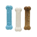 Front View of the Nylabone Puppy Triple Pack, featuring a blue teething chew, white power chew, & brown edible treat.