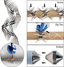 Four images showing stainless steel spike strips, installation on a pipe with screws, zip ties, and embedding method.