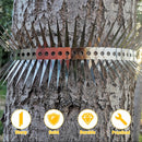 A stainless steel strip with sharp spikes wrapped around a tree trunk, shown in outdoor daylight.