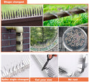 Collage of stainless steel spike strips in various shapes and uses, including cutting, bending, and outdoor installation.