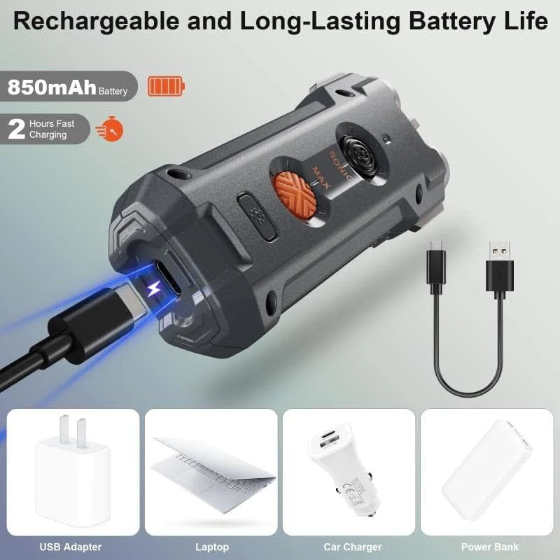  ultrasonic device showing battery life expectancy  and Accessories included in the Barktec Training Kit, such as a lanyard and user manual, providing comprehensive training support
