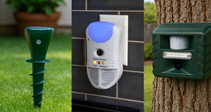 Three pest control devices on a grassy, tiled, and tree background - pests, snakes, insects, barking dogs