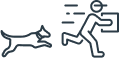 Free Delivery for Orders Over $49 icon showing a black and white line drawing of a postman and a dog