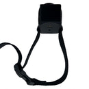 Black rectangular collar device with two metal contacts on an adjustable black nylon strap and plastic buckle.