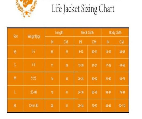 dog life jacket size chart