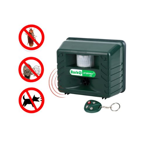 Ultrasonic Bark Control Pro + Animal Repeller with Remote unit showing uses