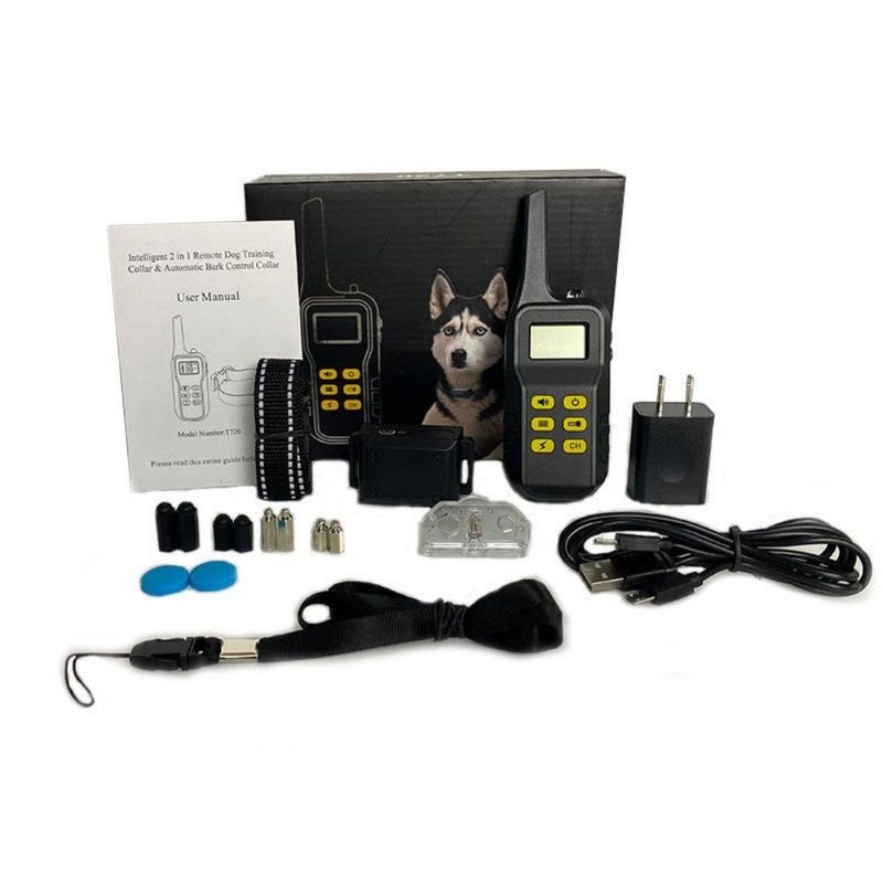 Barktec 2-in-1 Anti-Bark Collar with remote control system including charging cables, plug, instruction manual and conductors