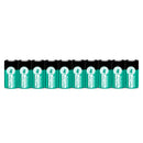 12 teal-and-black cylindrical batteries in a straight row, each upright with a white circular dog logo.
