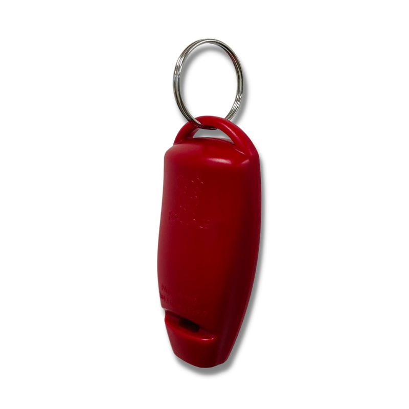 Back of the red, multi-functional, 2-in-1 dog training clicker and whistle