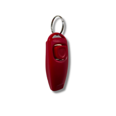 Front of the red, multi-functional, 2-in-1 dog training clicker and whistle