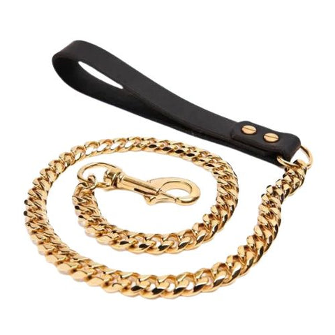 Gold Cuban Link and Leather Dog Leash