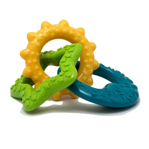 close up of the yellow, green and blue Nylabone Puppy Teething Rings
