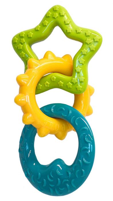 Full length of the blue, yellow and green Nylabone Puppy Teething Rings Dog Chew Toy