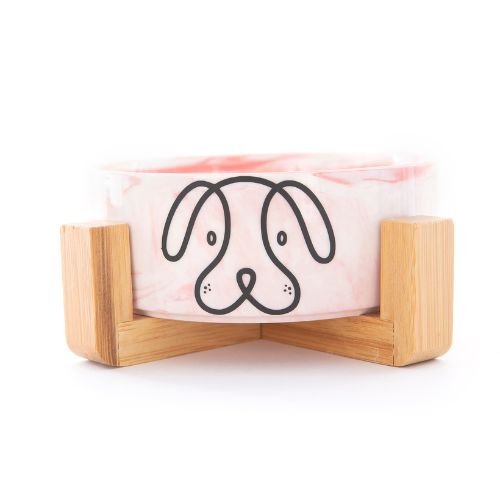 PuppCo Ceramic Dog Bowl Pink Marble on Wooden Stand 