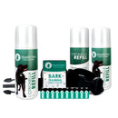 Three green Citronella refill cans, Bark Training spray module, black collar strap and ten green batteries.