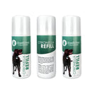 Three white-capped citronella refill spray cans with green BarkTec Trainer labels featuring a black dog.